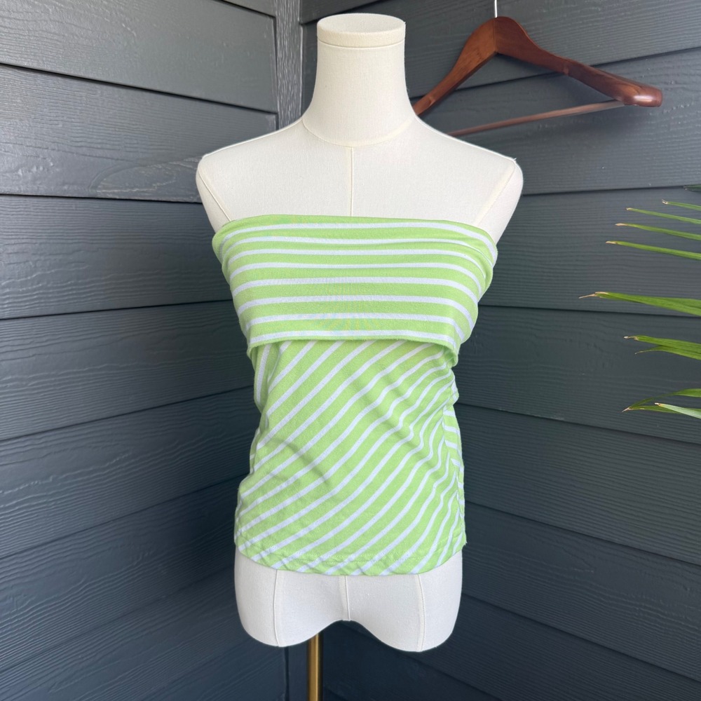 Girl Planet Lime Green White Striped Strapless Tube Top XL Y2K Foldover